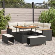 Set di divano da giardino 8 pezzi con cuscini in polyrattan nero e legno di acacia