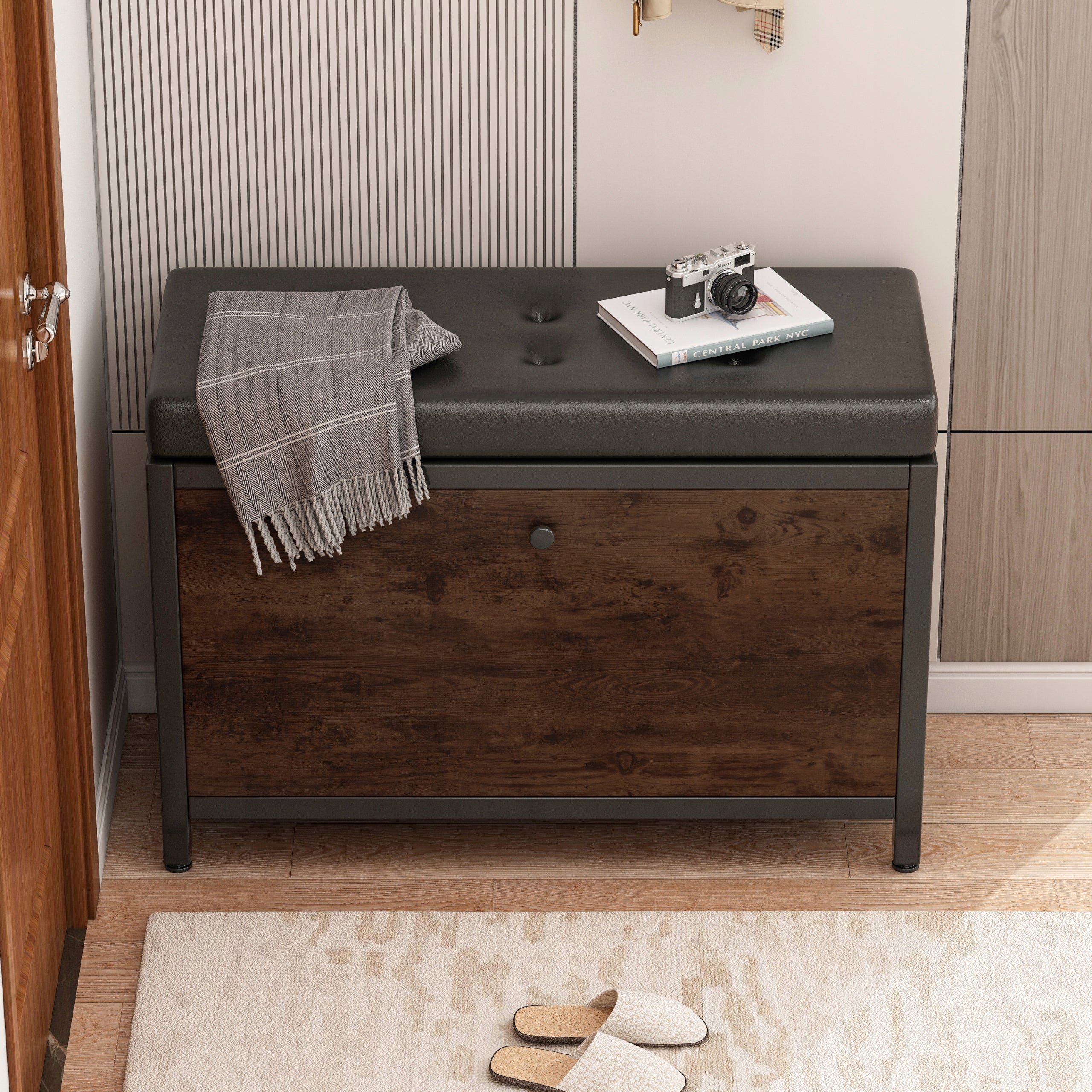 Armadio per scarpe con seduta, capiente, ripostiglio apribile, ripiano in legno, stile retrò