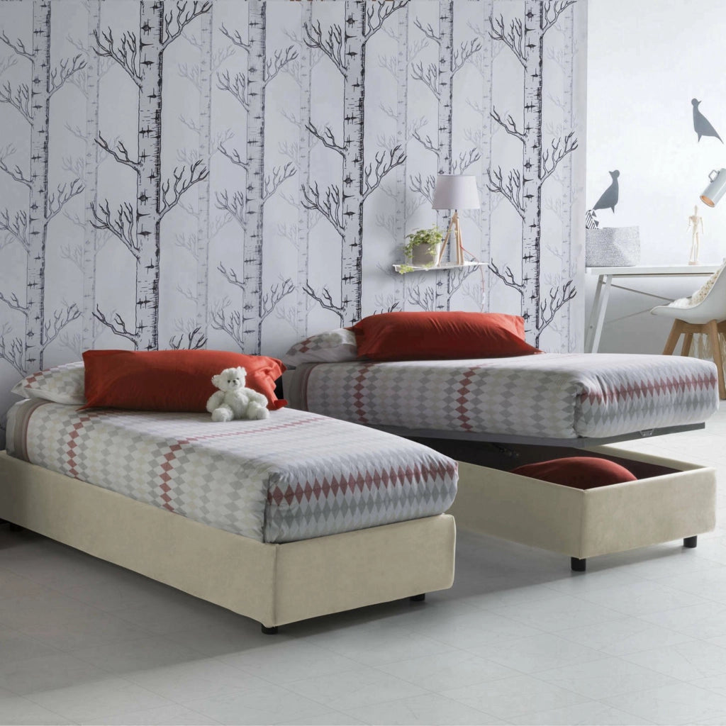 Letto singolo Agenta, Letto contenitore con rivestimento in tessuto, Made in Italy, Apertura frontale, con materasso cm 80x190 incluso, Beige