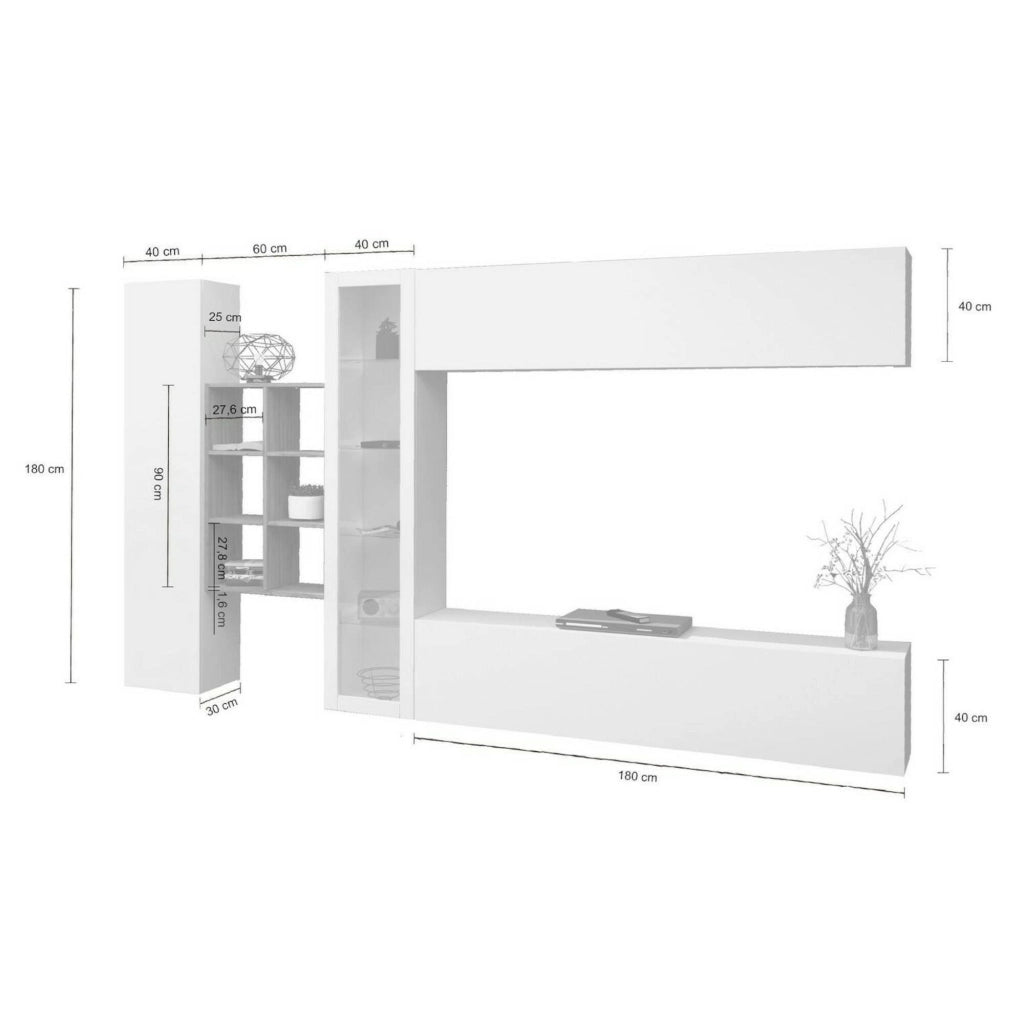Mobile Soggiorno Alessano, Parete Attrezzata 17 Ripiani Made in Italy, 280x30x180h cm Bianco Lucido
