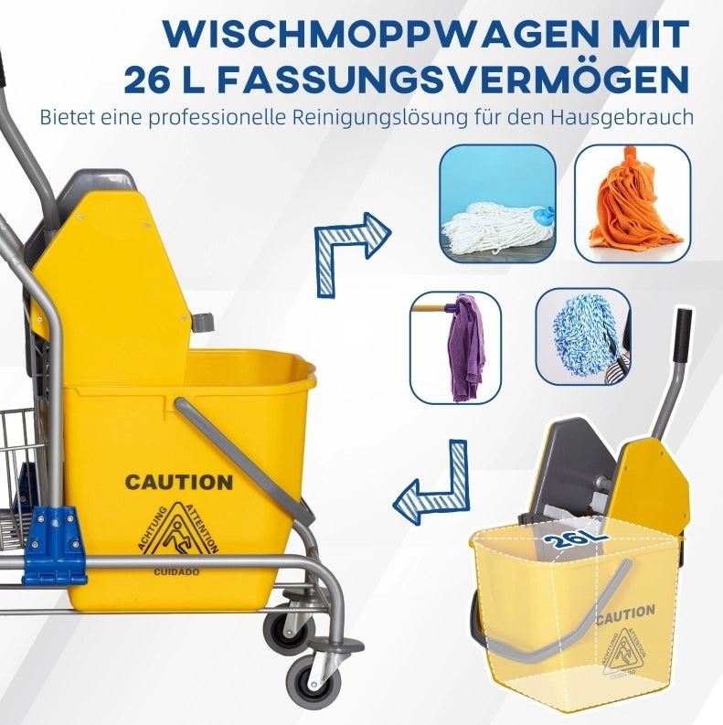 Carrello per pulizia 26 L con strizzatore e ruote, giallo