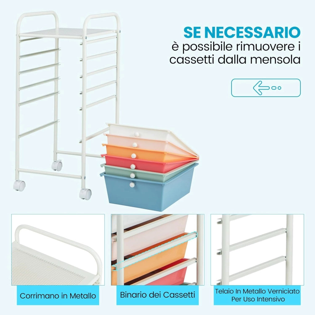 Carrello con 6 Cassetti e Ruote, Cassettiera in Plastica, con Due Dimensioni di Cassetti, Contenitore Multiuso per Casa Bagno e Ufficio, 37 x 74 x 32cm (Morandi)
