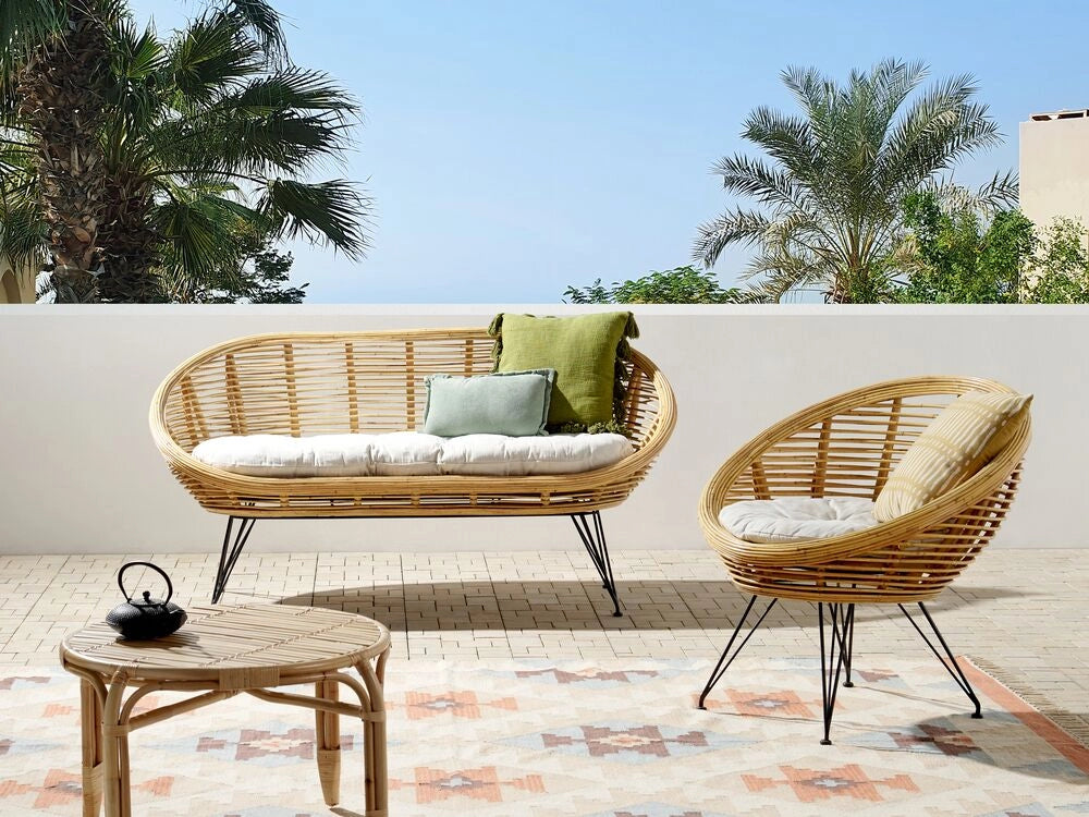 Set di divani a 3 posti in rattan naturale beige chiaro con cuscini in cotone di media resistenza per interni esterni stile bohémien giardino balcone