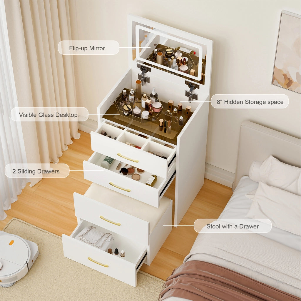 Tavolo da toeletta 3-in-1 con specchio aperto; piano vetro trasparente; 3 cassetti; compatto per camera; Bianco; B60×H118×P40cm