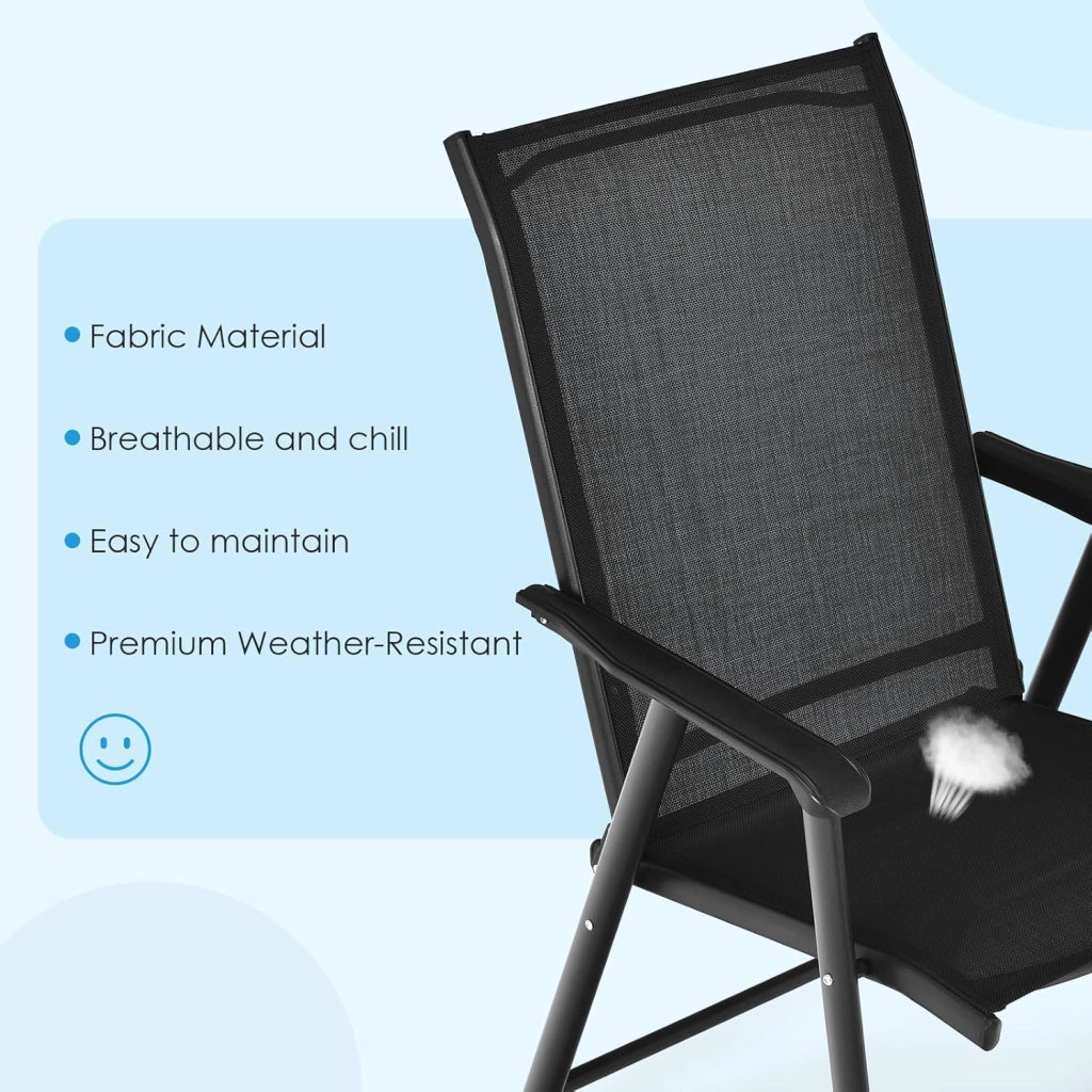Set di 2 Sedie da Giardino Pieghevoli con Schienale Alto, Sedie da Esterno in Tessuto e Metallo, Carico 150 kg, Poltrona da Balcone, Terrazza, Sala da Pranzo, Cortile (Nero)