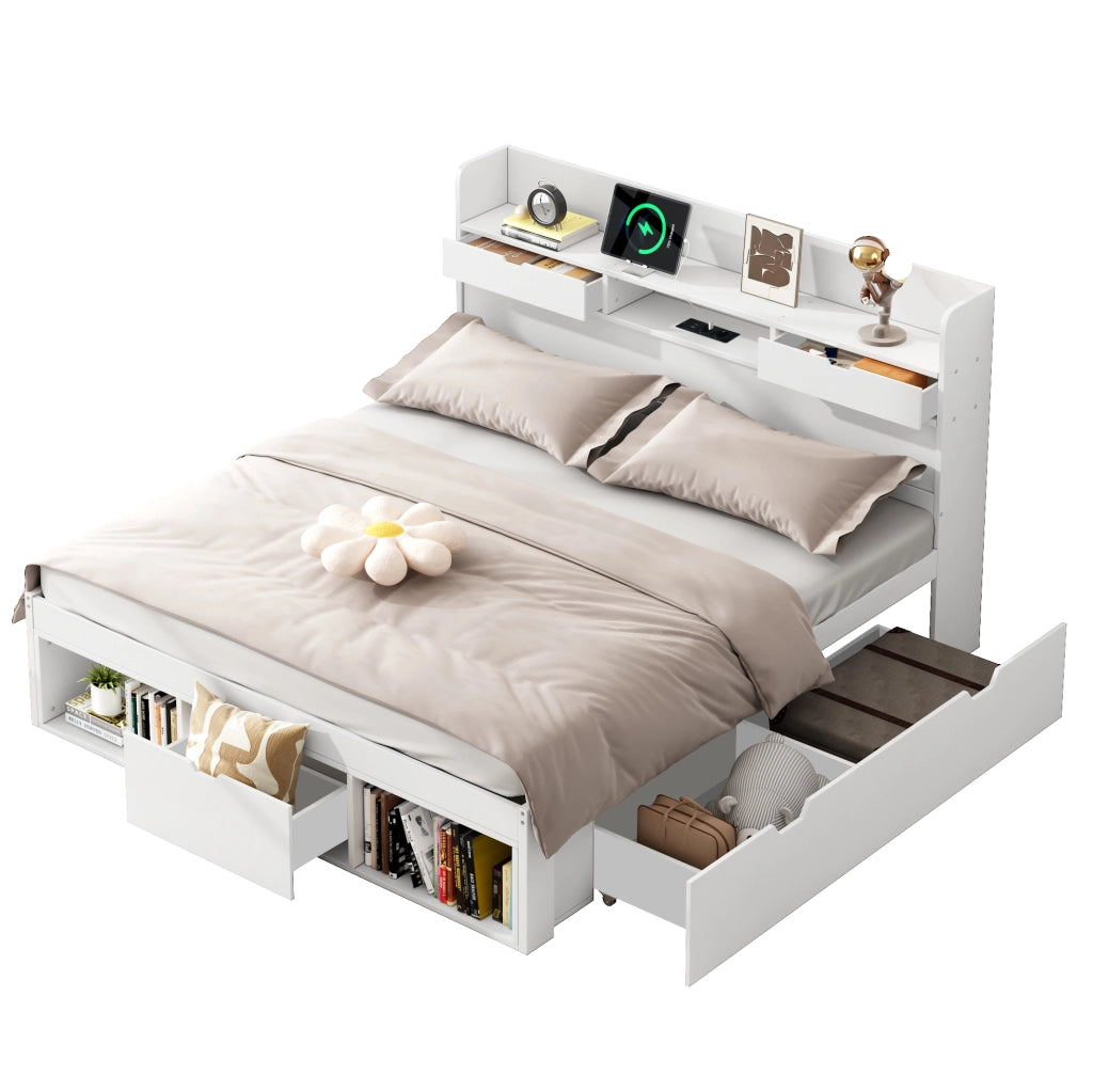 Letto matrimoniale 160x200 cm con USB e Type-C; contenitori e cassetti; bianco