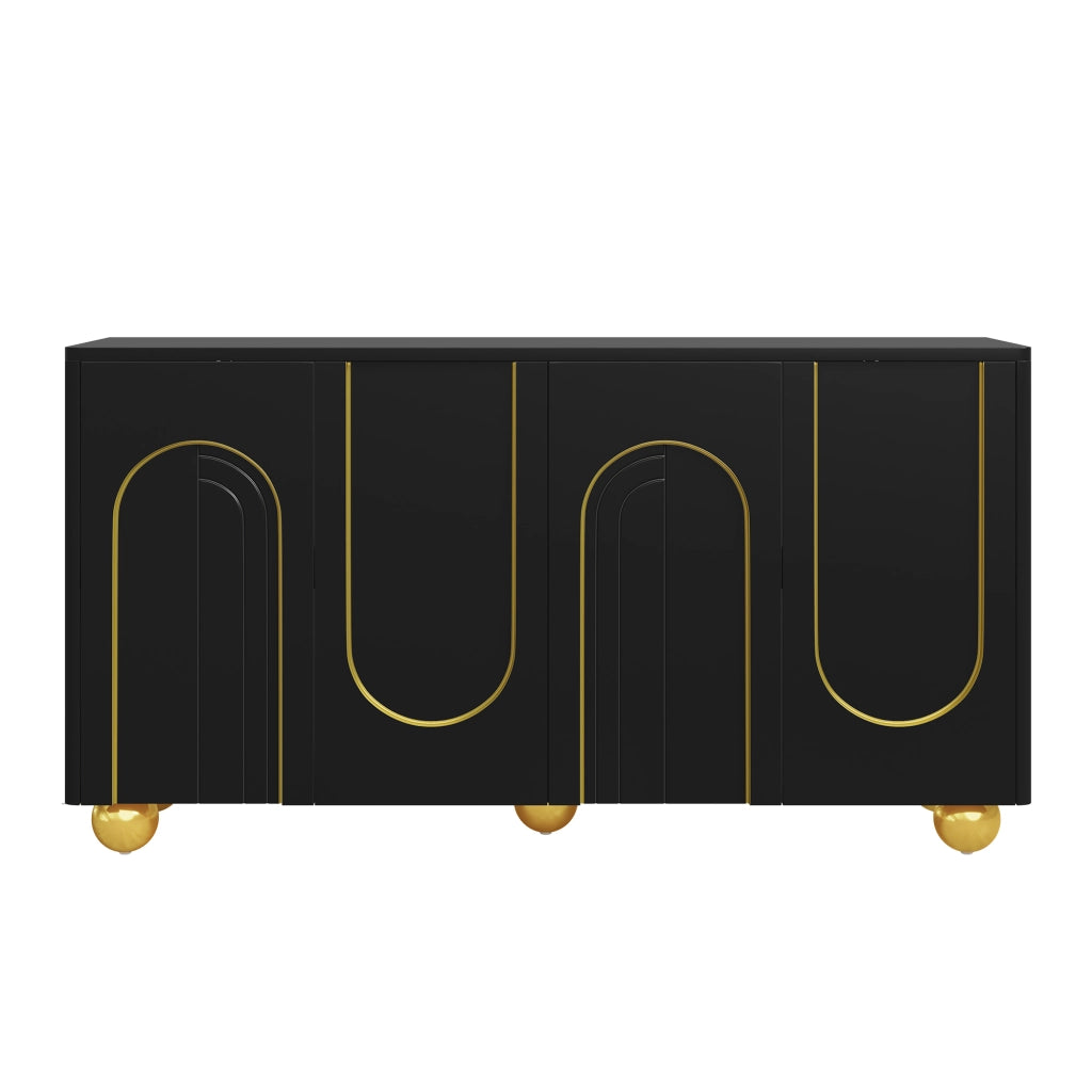 Credenza a 4 ante con rilievo ad arco dorato; 2 scomparti e ripiani; per sala da pranzo e soggiorno; nero; 140 × 40 × 74 cm