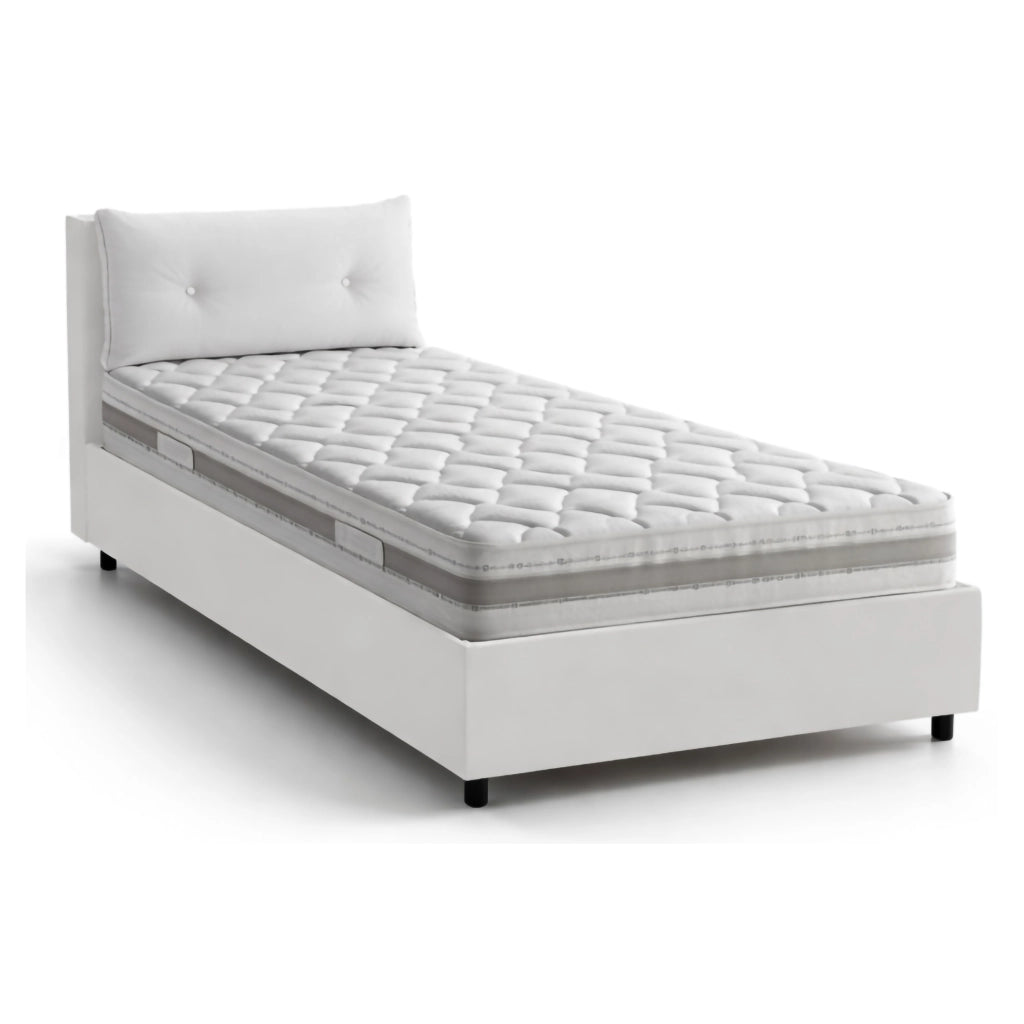 Letto singolo Albiate, Letto contenitore con rivestimento in ecopelle, Made in Italy, Apertura frontale, con materasso cm 80x190 incluso, Bianco