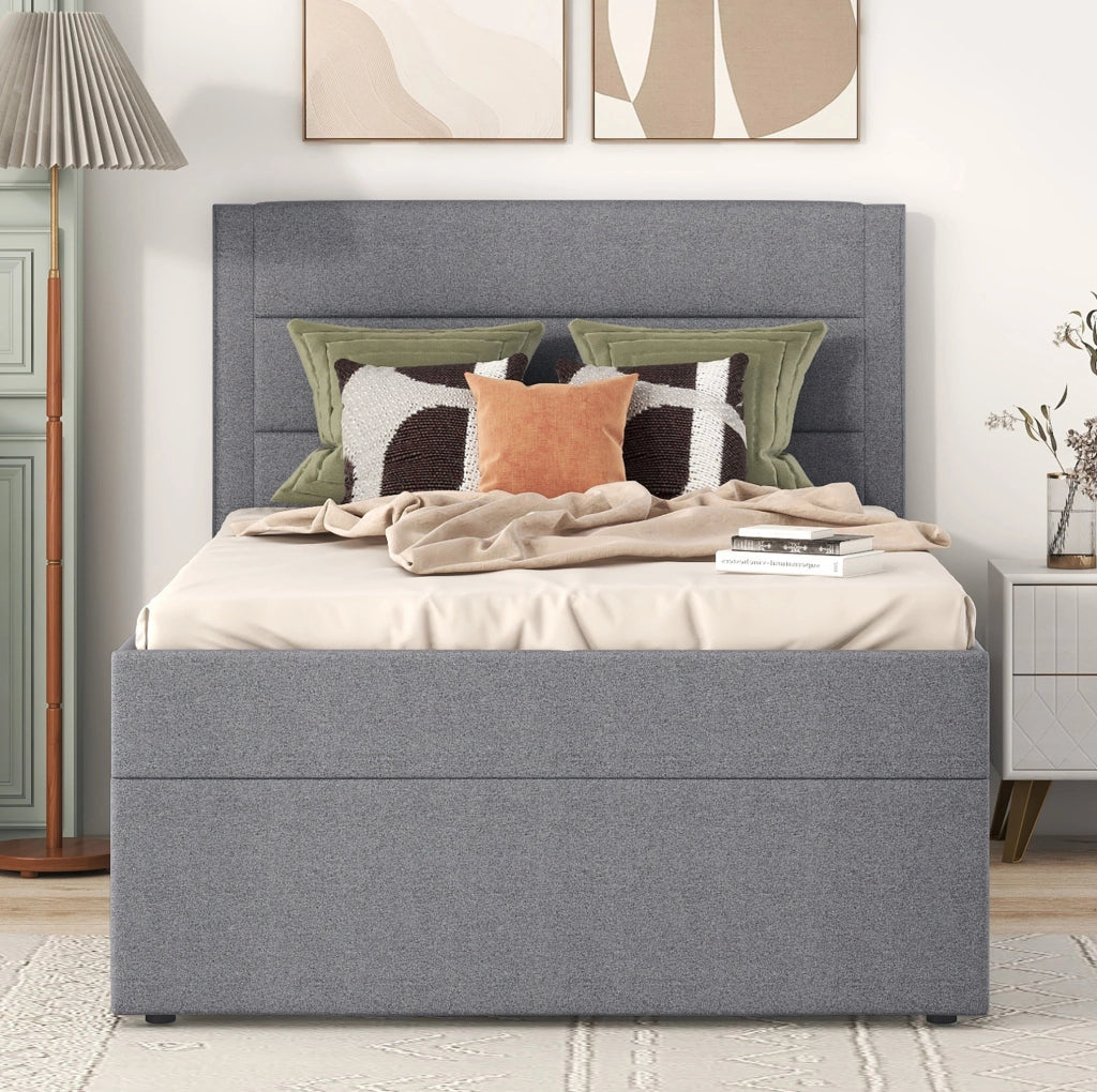 Letto singolo imbottito 90x200 cm con contenitore; in lino e MDF; grigio