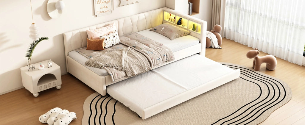 DESMIU Divano letto 90 × 200 cm 1 posto con USB, Type-C, LED, vani, senza materasso, beige
