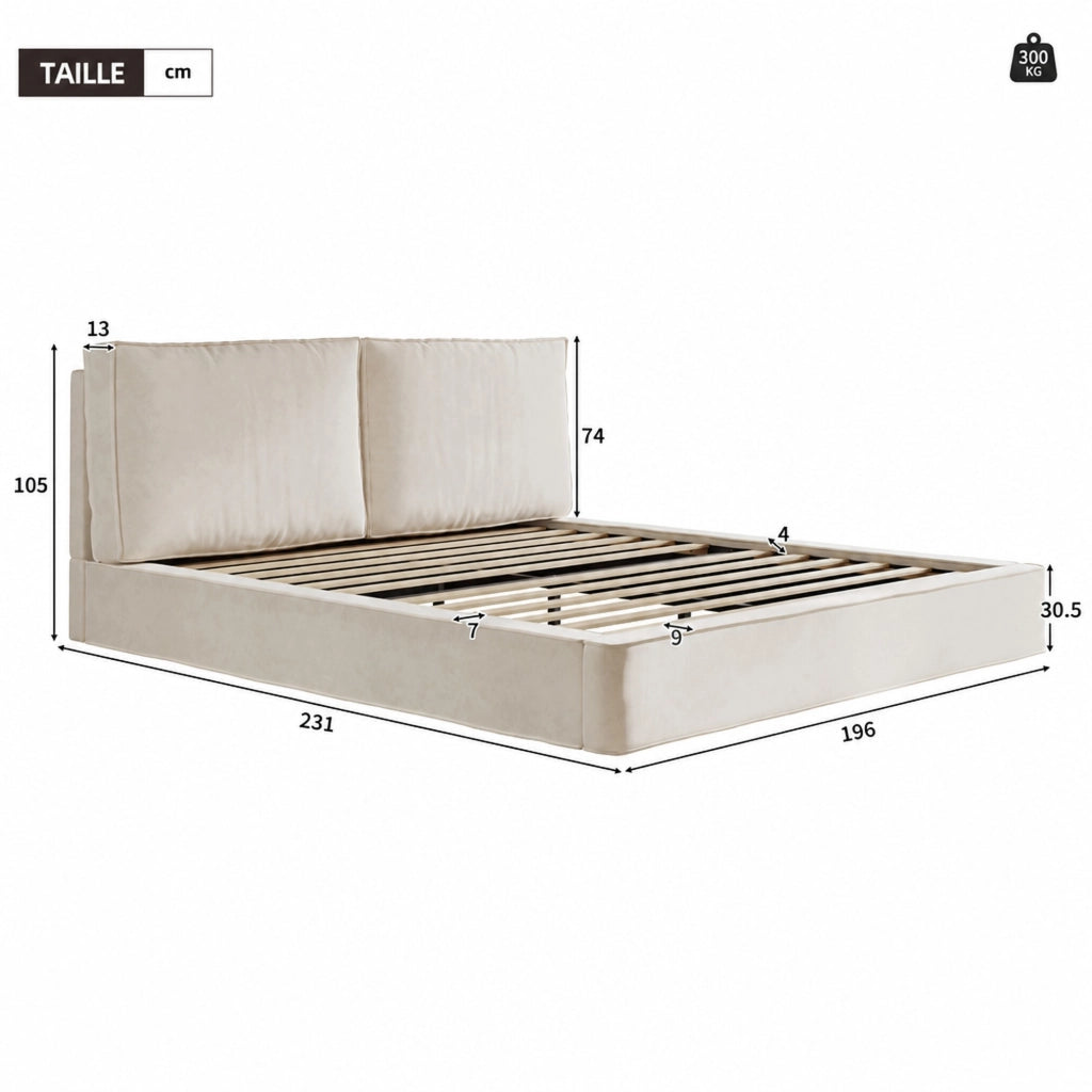 Letto imbottito matrimoniale 180 × 200 cm con testiera imbottita, rete inclusa, senza materasso, in chenille beige