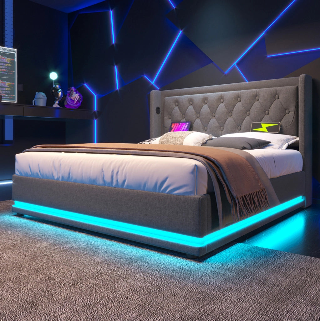 Letto matrimoniale 140x200 cm con contenitore, testiera imbottita e LED