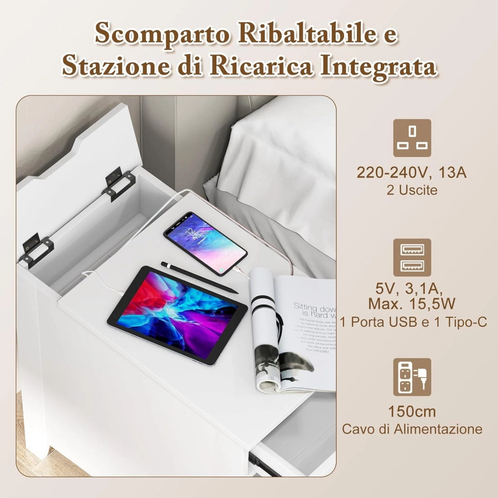 Tavolino Laterale con Stazione di Ricarica, Tavolino con Porte USB e Prese, Cassetto, Armadietto di Stoccaggio e Porta Riviste, Comodino per Camera da Letto e Salotto (Bianco)