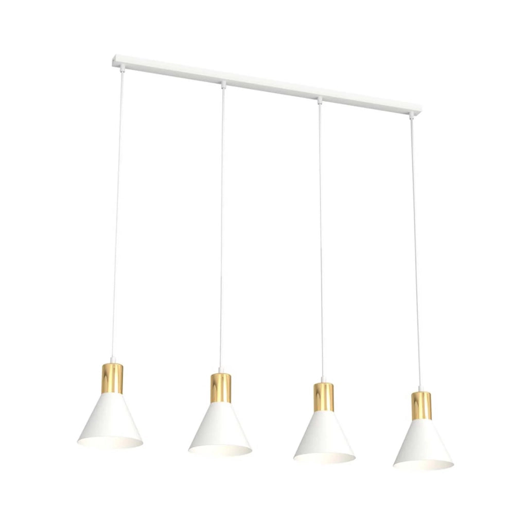 Lampadario 4 Luci Heimdall In Acciaio Bianco E Paralumi Conici Bianco E Oro