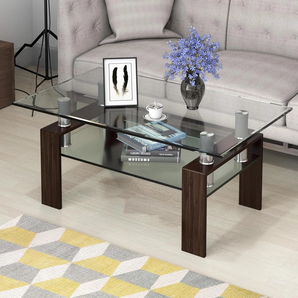 Tavolino da caffè rettangolare in vetro, moderno, tavolino da tè a 2 livelli, tavolino lungo con gambe in metallo, tavolo in vetro per soggiorno, ufficio, 99,5 x 59,5 x 44,5 cm