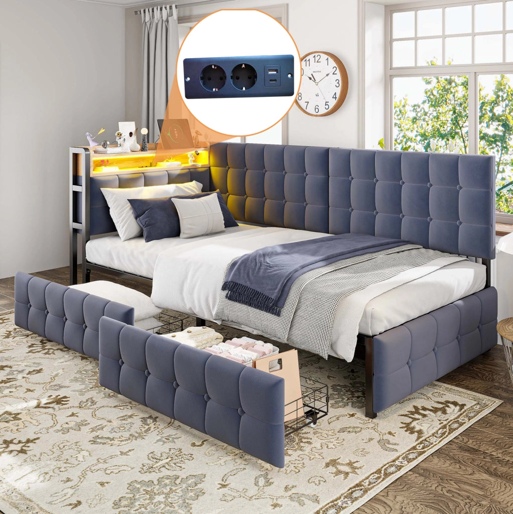 Divano letto imbottito 90x200 cm grigio con LED e cassetti