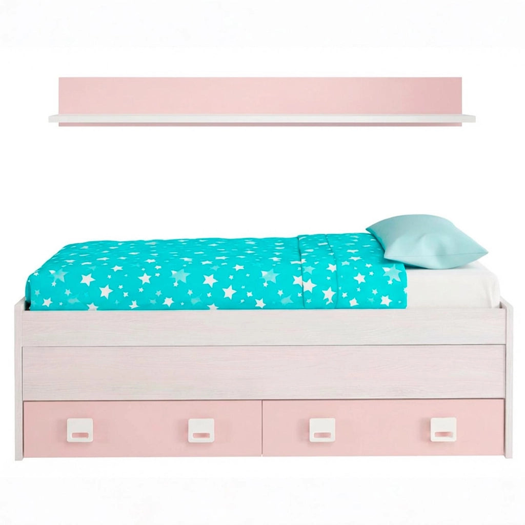 Letto Per Cameretta Con Letto Estraibile Due Cassetti E Mensola Contenitore Salvaspazio Per Bambini E Ragazzi Stile Moderno 65 x 199 x 96 Cm Bianco Alpi E Rosa