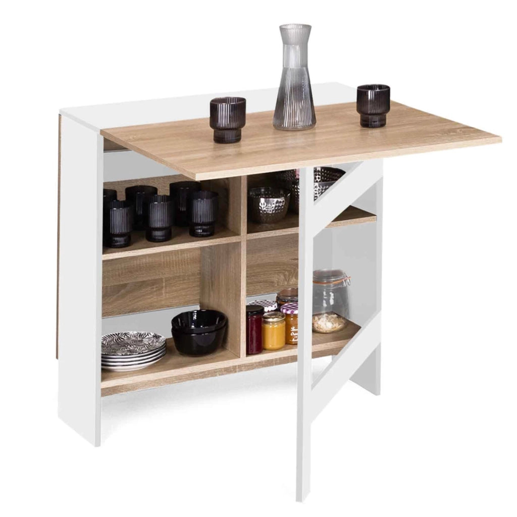 IDMarket - Consolle pieghevole EDI per 2-6 persone con contenitore in legno bianco e piano in faggio 150 x 80 cm