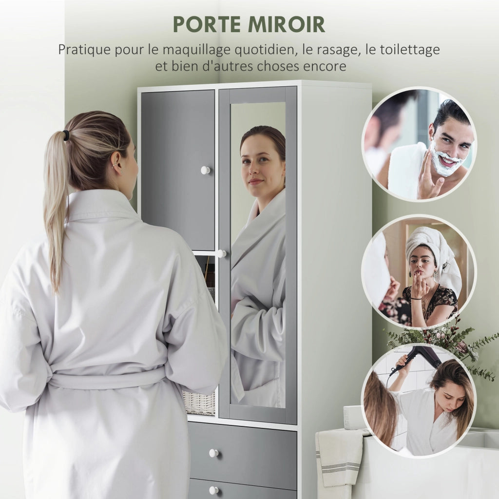 Mobile da bagno con cesto per la biancheria e specchio ripiano regolabile ¨C zephmum ¨C 62x28.3x181 cm grigio bianco