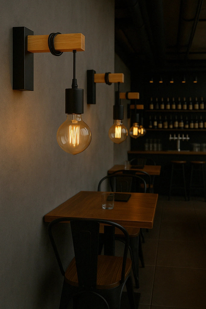Applique Lampada da Parete Nera in Metallo, Design Industriale con Dettagli in Legno, Ideale per Interni, Attacco E27