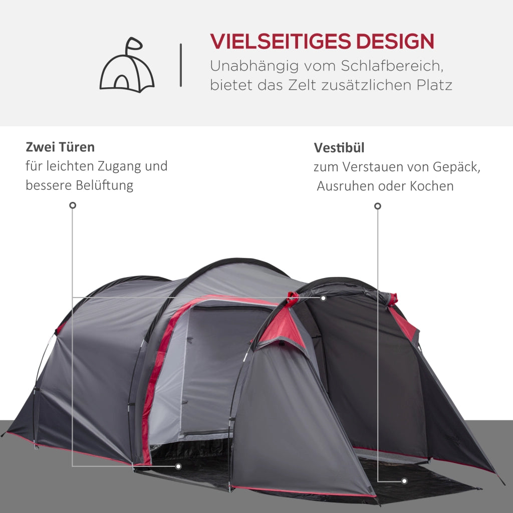 Tenda a tunnel per 2-3 persone; tenda da campeggio 190T con perni; fibra di vetro e poliestere; grigia; 426 x 206 x 154 cm; ideale per avventure all'aperto