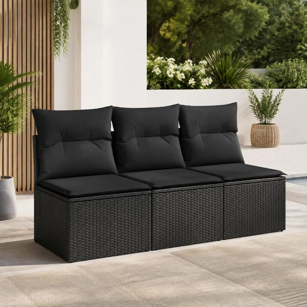 Garden Sofa With Cushions 3-seater Black Poly Rattan