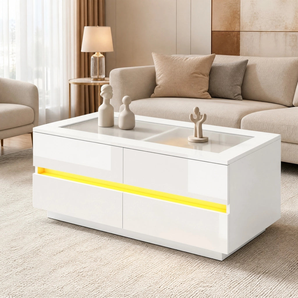 Tavolino da caff¨¨ bianco 100x50x40 cm con 4 cassetti, piano in vetro temperato, illuminazione LED e frontali lucidi