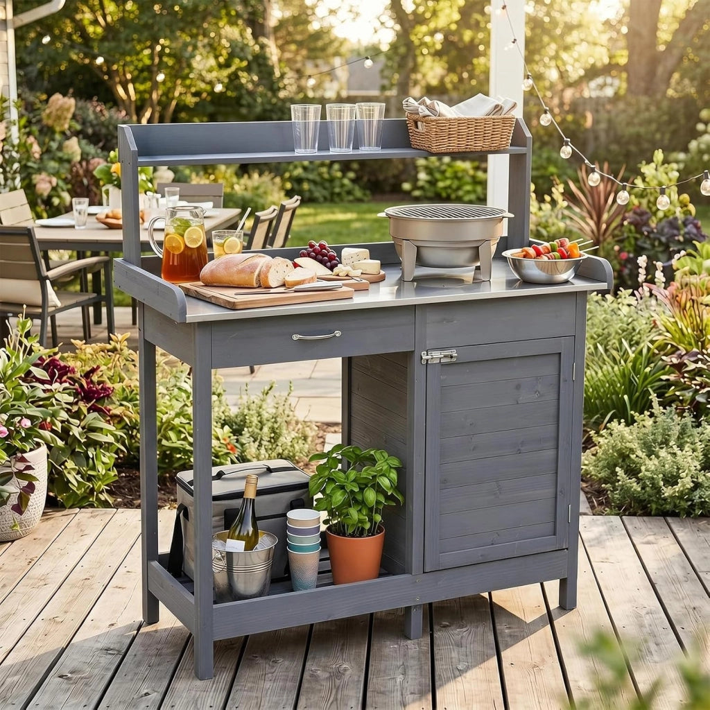 Tavolo da Giardinaggio in Legno con Piano in Acciaio (Grigio) | Tavolo per Piante con Ripiani Aperti, Armadietto, Cassetto e 3 Ganci, Banco da Lavoro per Giardino e Balcone, 112x46,5x125 cm
