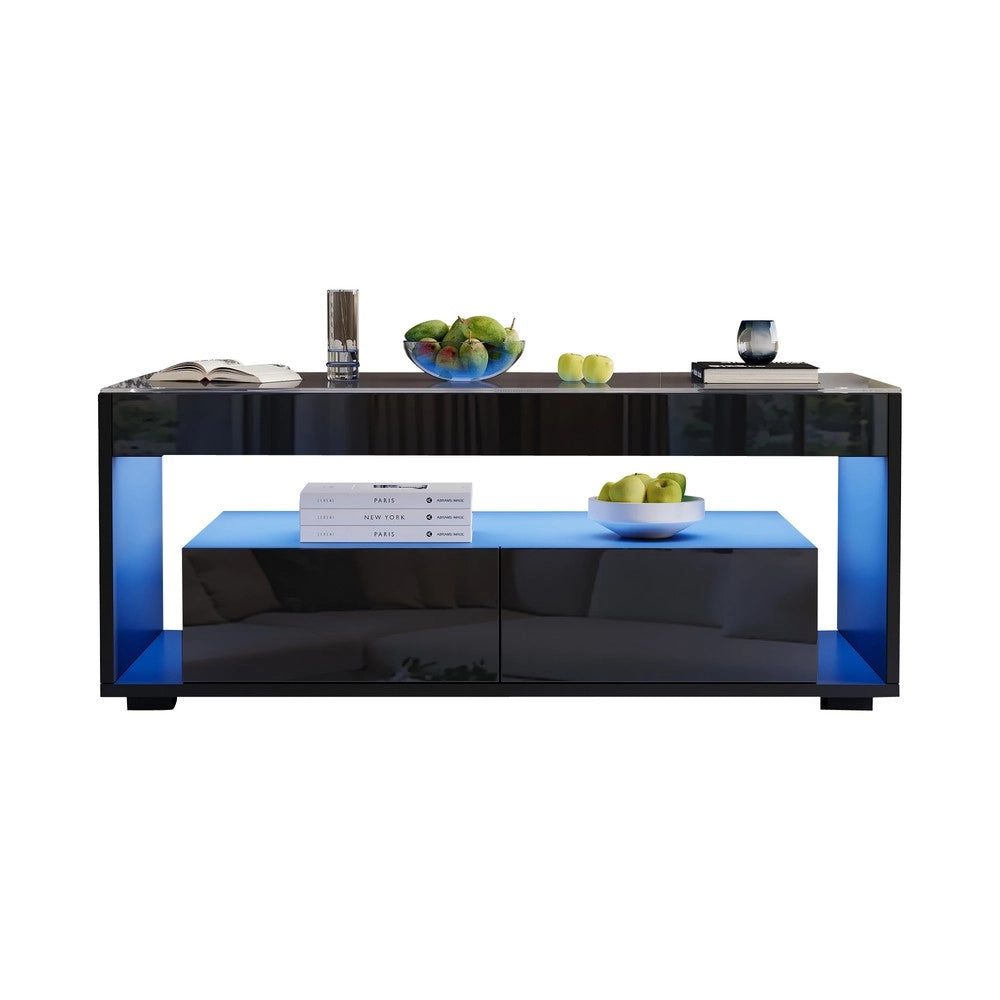 Tavolino da Caff¨¨ con LED 16 Colori e 2 Cassetti ¨C MINIMAL ¨C Vetro Nero Lucido
