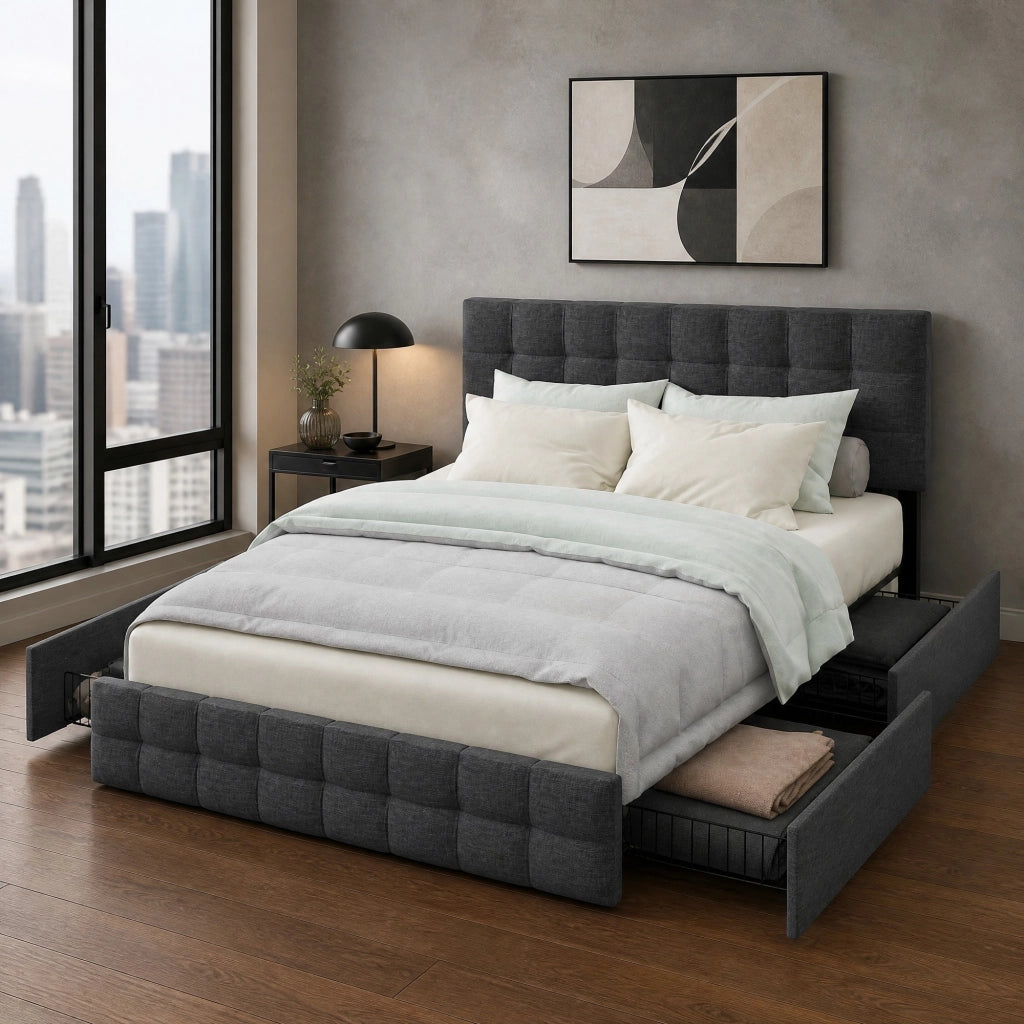 Letto imbottito matrimoniale 140x200 cm con 4 cassetti, testiera regolabile e rete in metallo