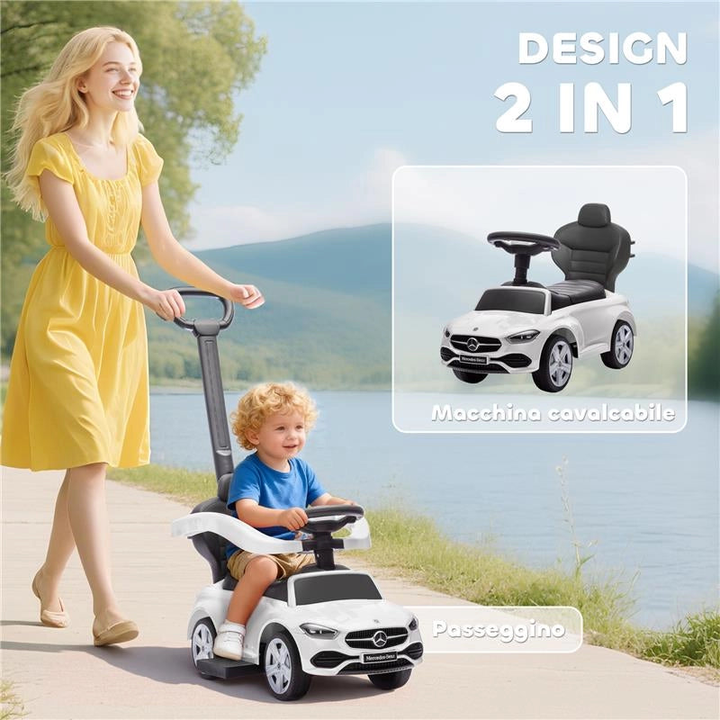 MACCHINA CAVALCABILE PER BAMBINI 1-3 ANNI CONVERTIBILE IN PASSEGGINO CON LICENZA MERCEDES, 91X40X83 CM, BIANCO
