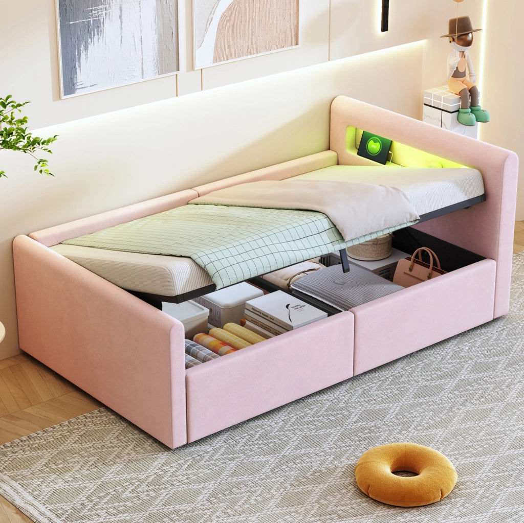 Letto imbottito 90x200 cm con LED; luce notturna; USB e contenitore in velluto rosa