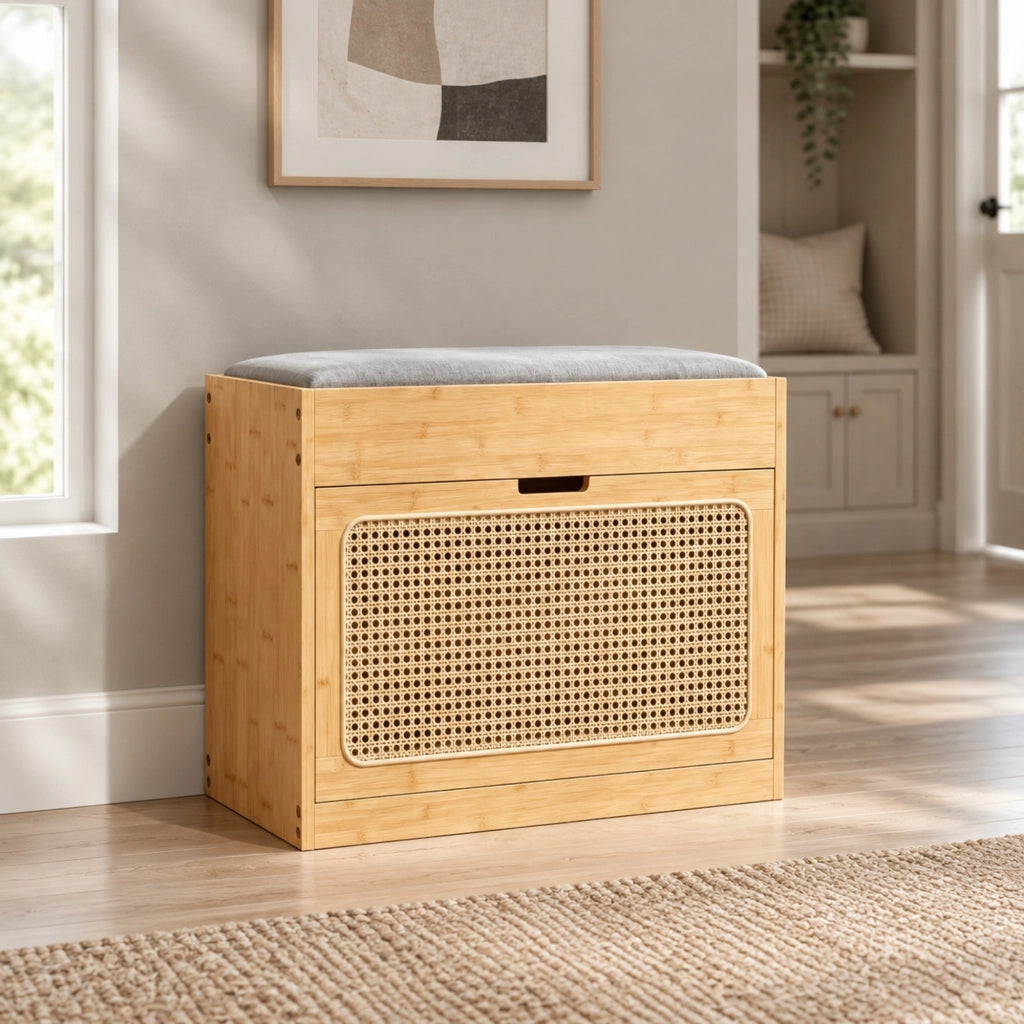 Panca portascarpe 63x29x48 cm con cuscino e ripiani regolabili in bambù