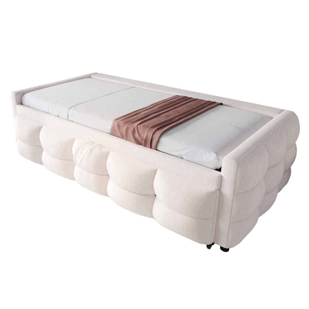 DESMIU Letto estraibile 90 × 190 cm e 180 × 190 cm 2 posti con contenitore, senza materasso, in teddy beige