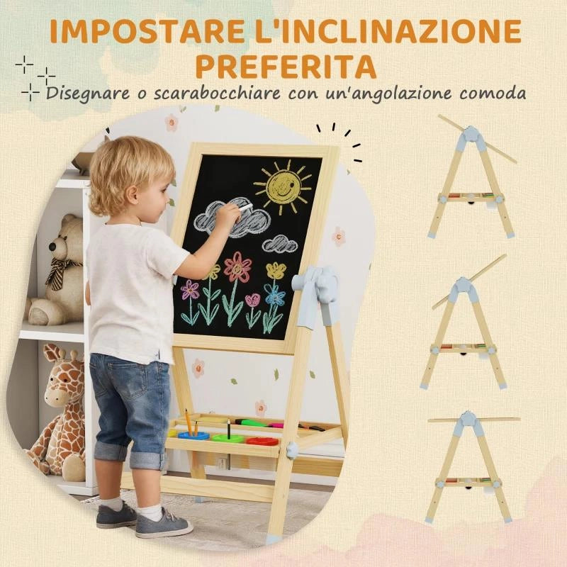 CAVALLETTO PER BAMBINI DOPPIA LAVAGNA PER GESSO E PENNARELLI, LAVAGNETTA MAGNETICA E ROTOLO DI CARTA, LEGNO