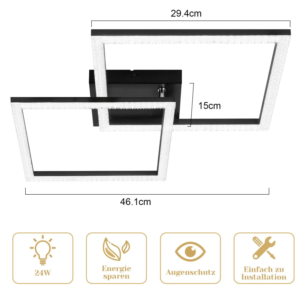 ZMH Lampada da soffitto plafoniera LED 24W nera cristallo luce bianco caldo moderna per soggiorno camera letto cucina