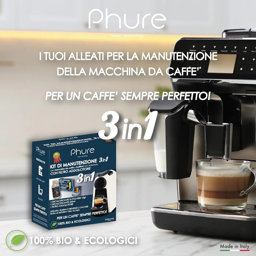 PHURE Decalcificante per Macchine da Caffè e Bollitori, Sgrassa, Elimina e Previene il Calcare, Filtro Impurità Acqua Kit Manutenzione 3 in 1 100% Bio ed Ecologici