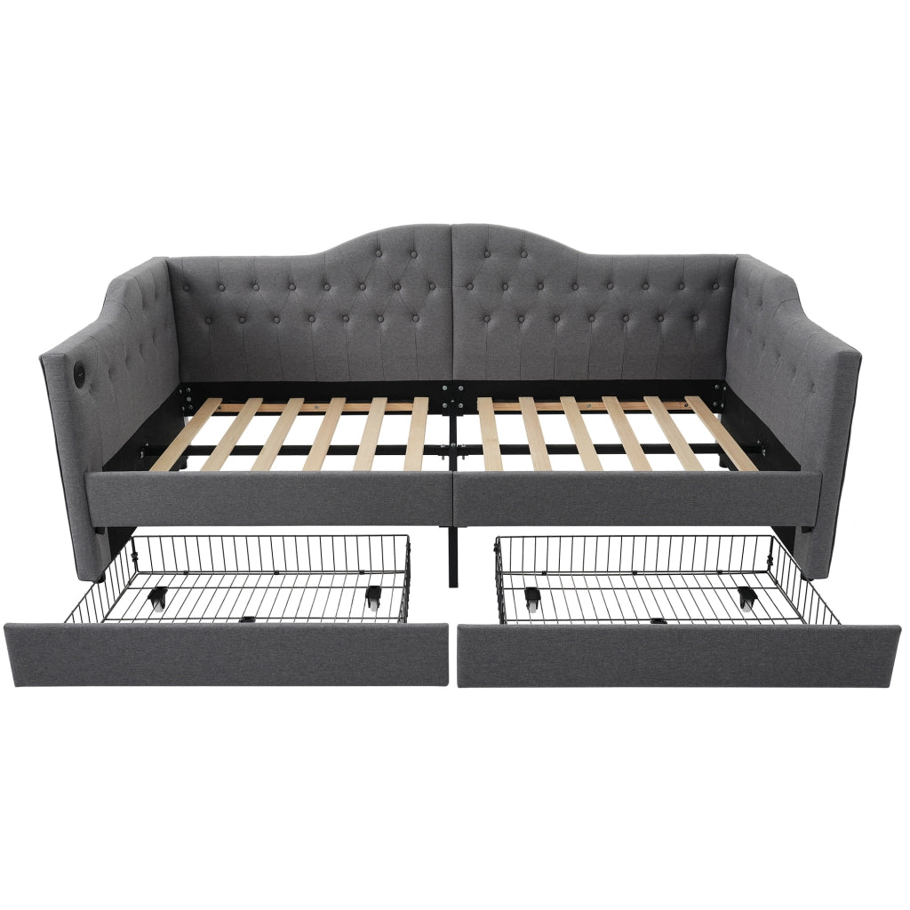 Letto singolo 90x190 cm con USB C e 2 cassetti; tessuto grigio