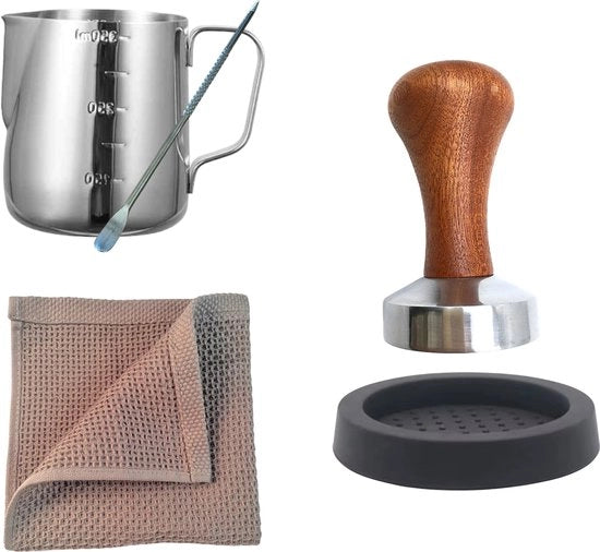 Kit Barista Premium, 5 pezzi, termos 0,35 litri, stamper per caffè, tampino Ø 51 mm, legno con alluminio, guanto per tampino in silicone, pennello per caffè L: 13,5 cm, asciugamano per mani