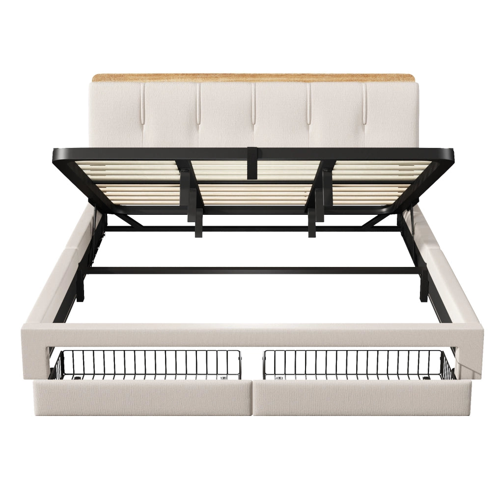 Letto matrimoniale imbottito 180x200 cm in lino beige con contenitore; USB e LED