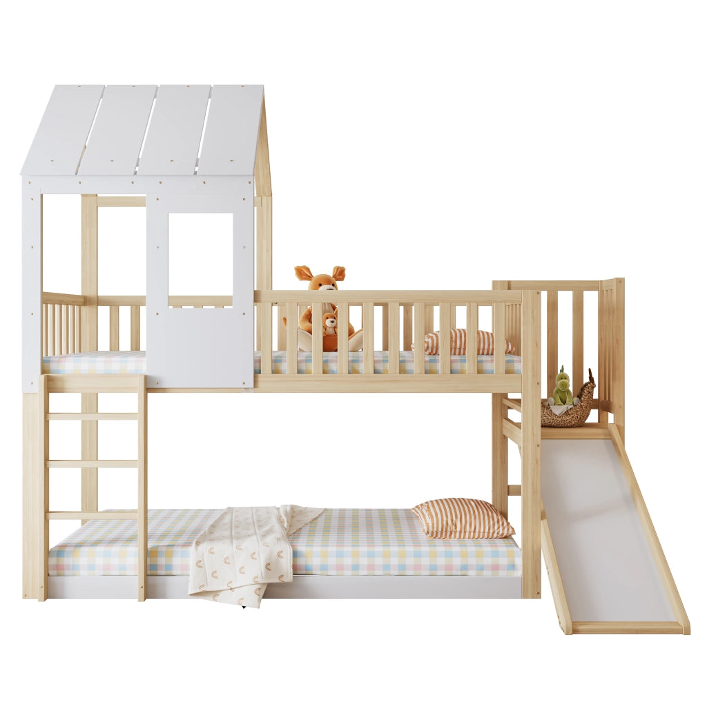 Letto a Castello 90x200 cm; 2 Posti - Rampa; Scala; Tetto e Finestra - in Legno - Naturale