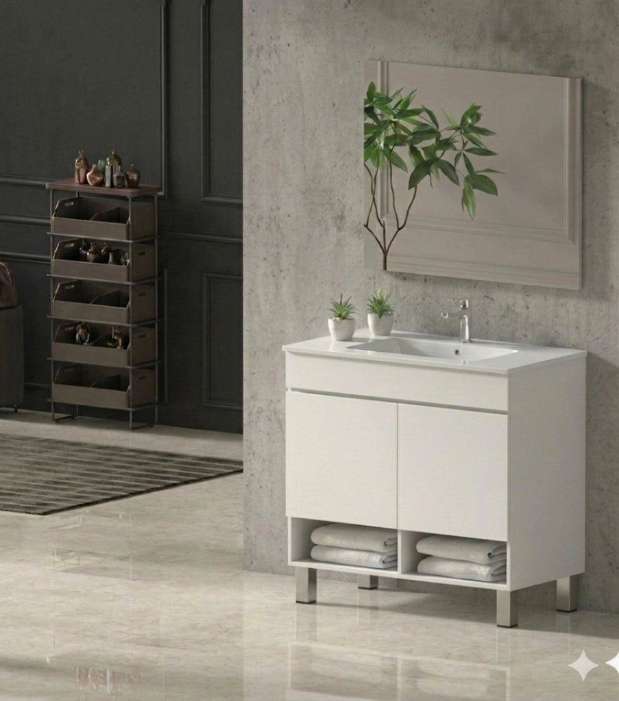 Mobile Bagno NEBARI com gambe Già Montato 2 portas, lavabo e specchio Bianco lucido 60x45 cm