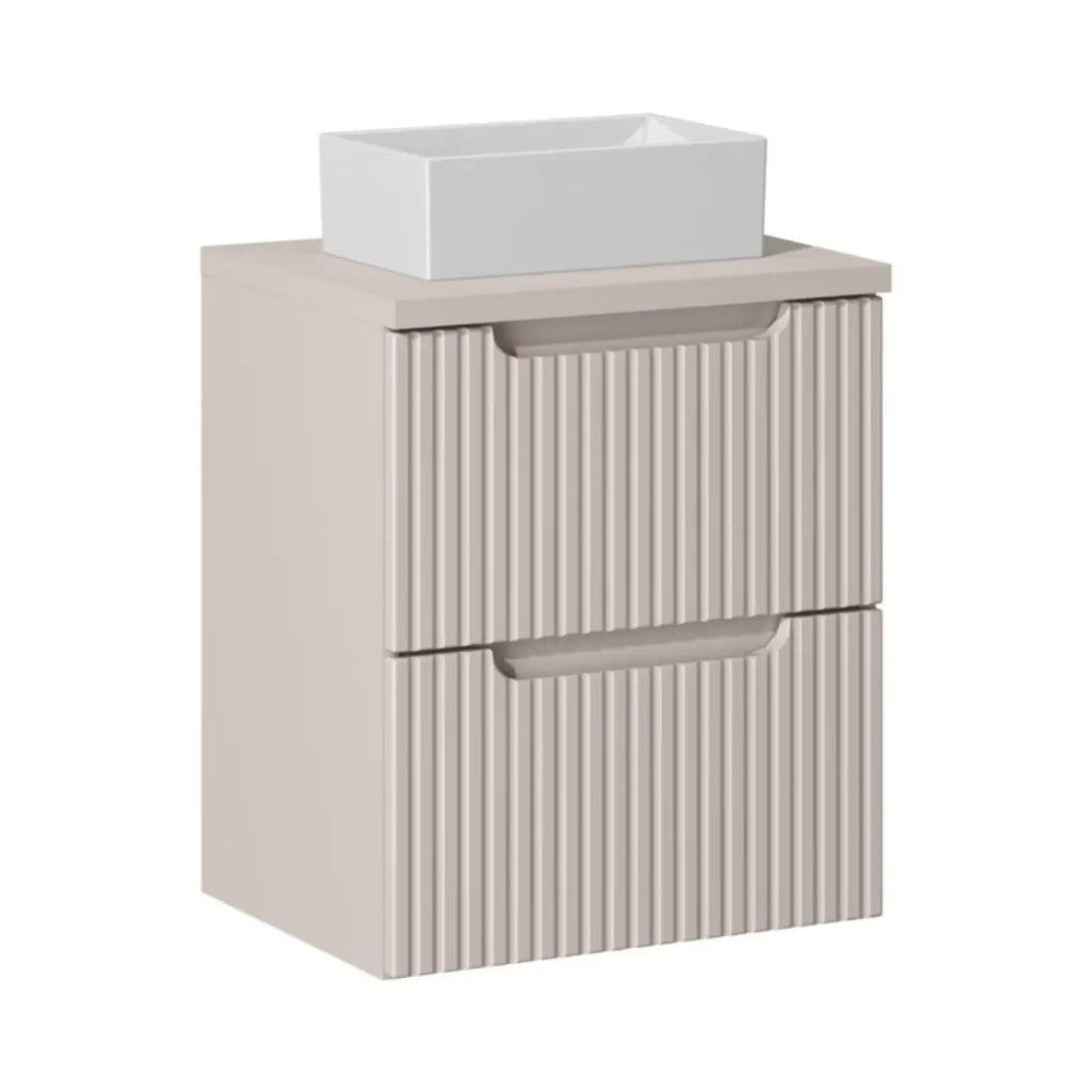Set VANO cashmere opaco 50cm: mobile sottolavabo con cassetti + piano per lavabo + lavabo rettangolare da appoggio bianco