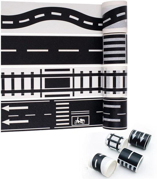 Tape Adesivo - 4 Rotoli - Nero/Bianco - Etichette per Segnali Stradali - Nastro Decorativo - Insegne Stradali per Bambini - Facile da Rimuovere - Nastro Decorativo