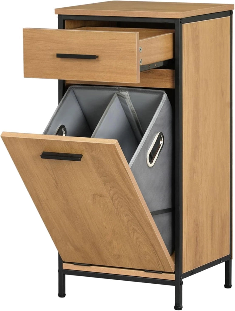 Mobile da Bagno Con Cassetto e Sacco per la Biancheria, Struttura in Metallo e MDF, Rovere Chiaro + Nero, 38x34x80 cm