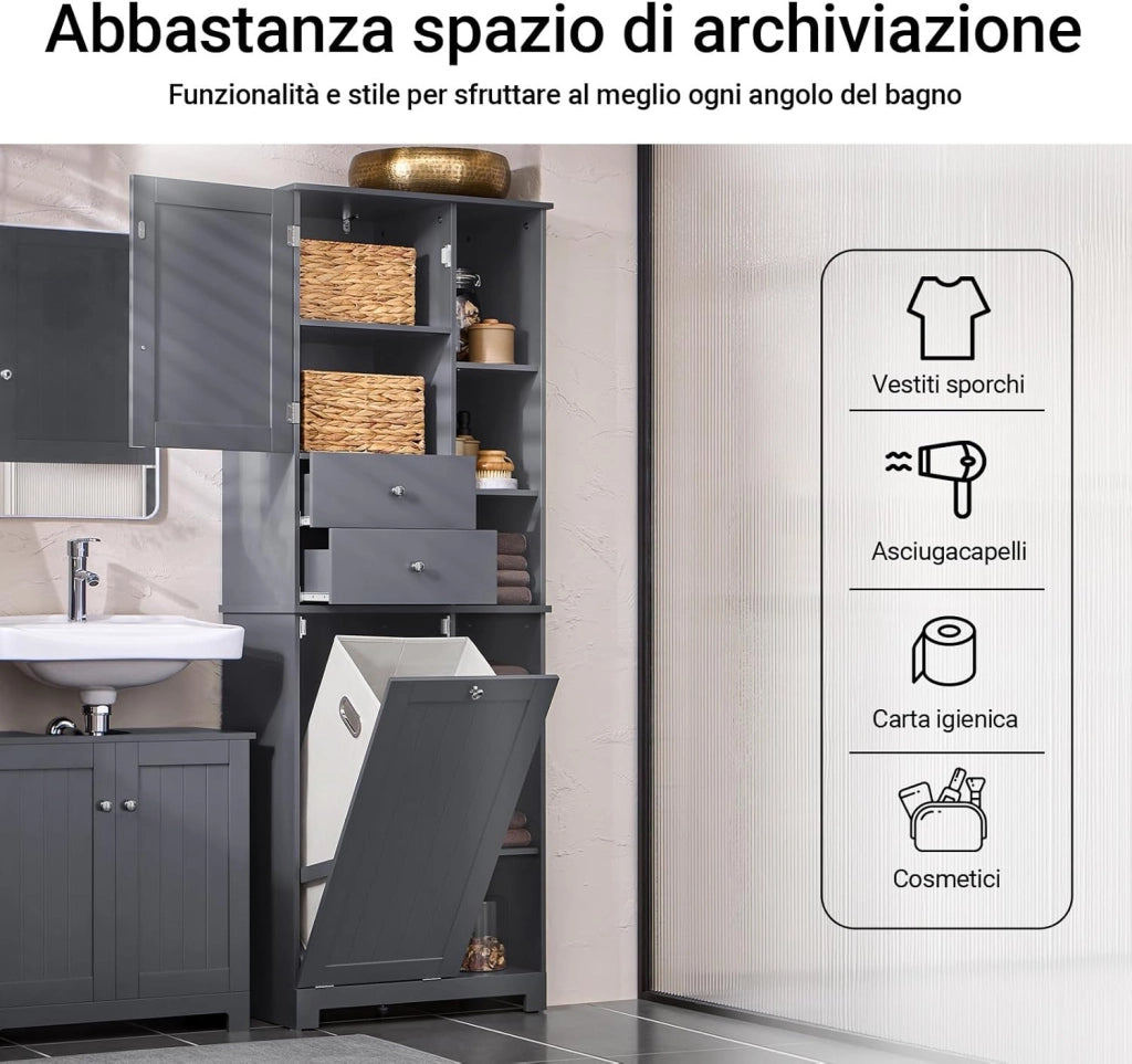 Mobile Bagno con Cesto per Linge Mobile Rangemento Alto Armadio Bagno con 6 Ripiani e 2 Cassetti Mobiletto Salvaspazio Grigio 60x37x171 cm BZR104-DG