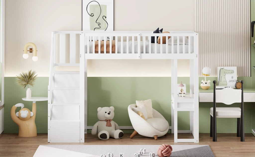 DESMIU Letto a soppalco 1 posto con scala contenitore, scrivania e spazio sotto il letto, 90 × 200 cm, senza materasso