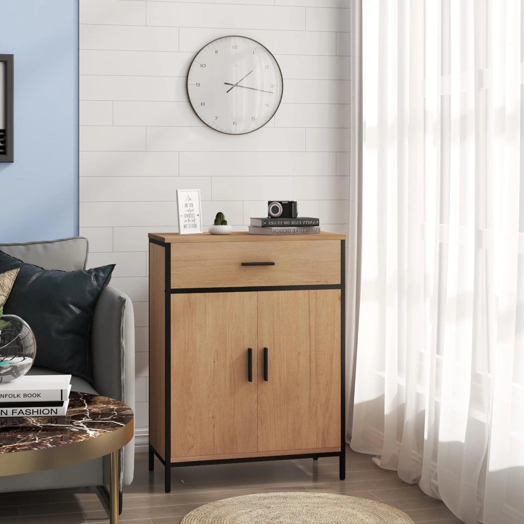 Mobile per Bagno da Terra, Armadietto da Bagno a 2 Ante in Legno e Metallo, Mobiletto Salvaspazio con Cassetto e Ripiano Regolabile, Stile Industriale, Marrone e Nero, 60x30x80 cm