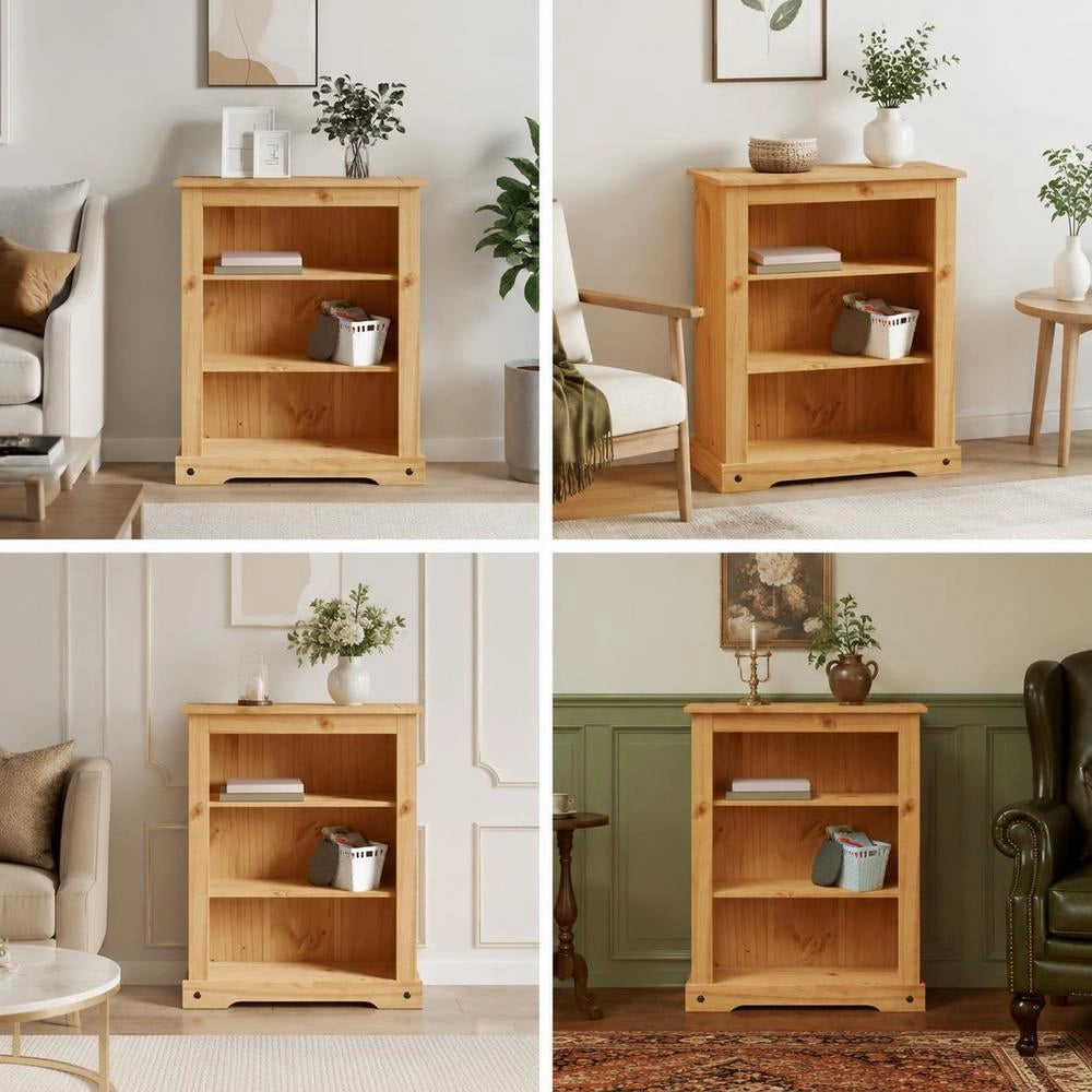 Bookcase With 3 Compartments, Mexican Style, Pine Wood, 80x29x100 Cm