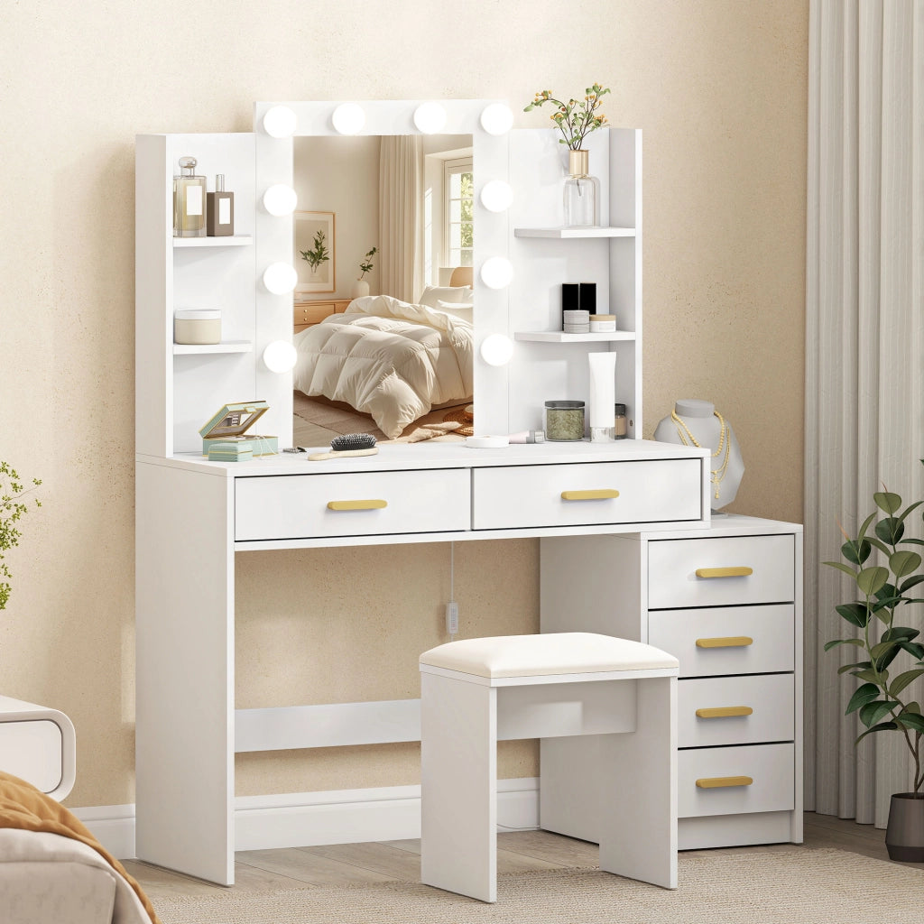 Cassettiera per trucco con specchio illuminato e sgabello imbottito ¨C zephmum ¨C bianco